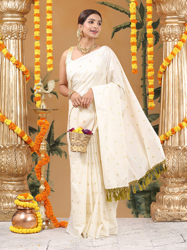 Off-White Borderless Cotton Saree with Golden Buttas & Olive Green Tassels