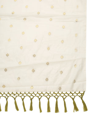 Off-White Borderless Cotton Saree with Golden Buttas & Olive Green Tassels