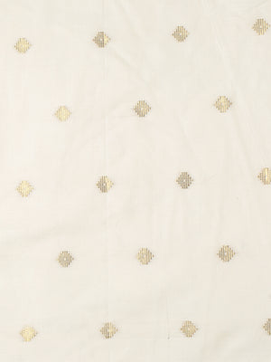 Off-White Borderless Cotton Saree with Golden Buttas & Olive Green Tassels