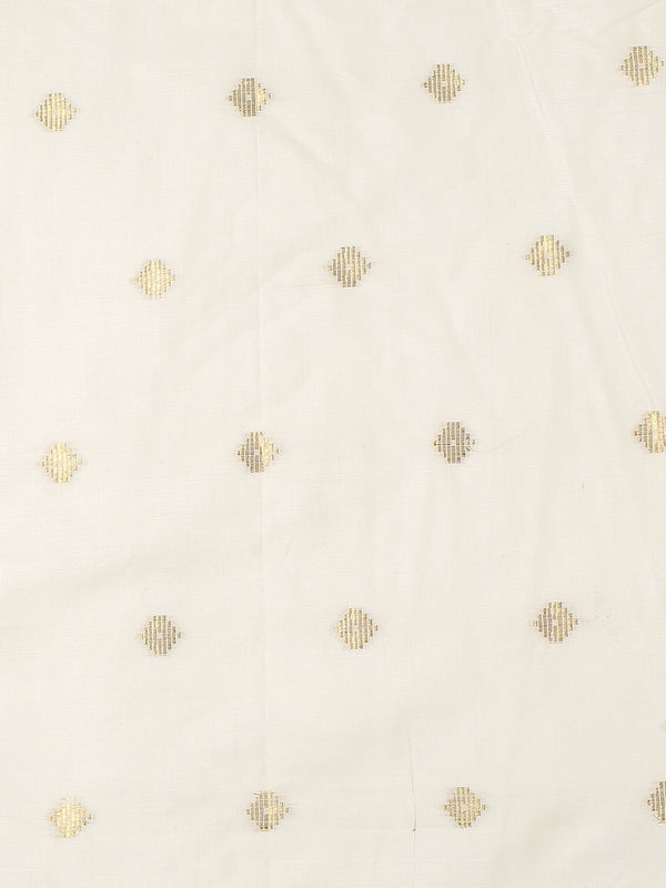 Off-White Borderless Cotton Saree with Golden Buttas & Olive Green Tassels