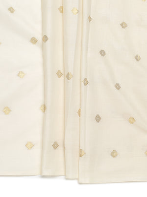 Off-White Borderless Cotton Saree with Golden Buttas & Olive Green Tassels