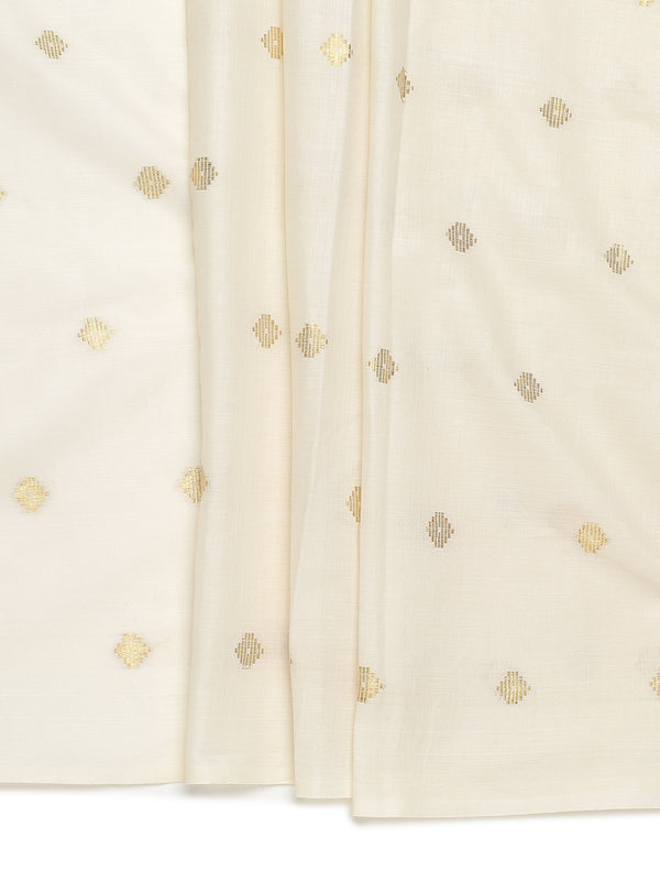 Off-White Borderless Cotton Saree with Golden Buttas & Olive Green Tassels