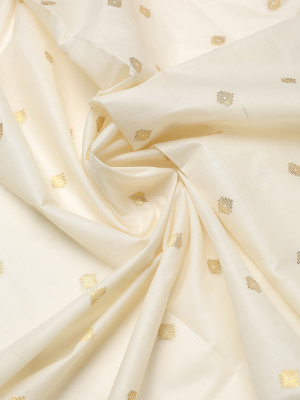 Off-White Borderless Cotton Saree with Golden Buttas & Olive Green Tassels