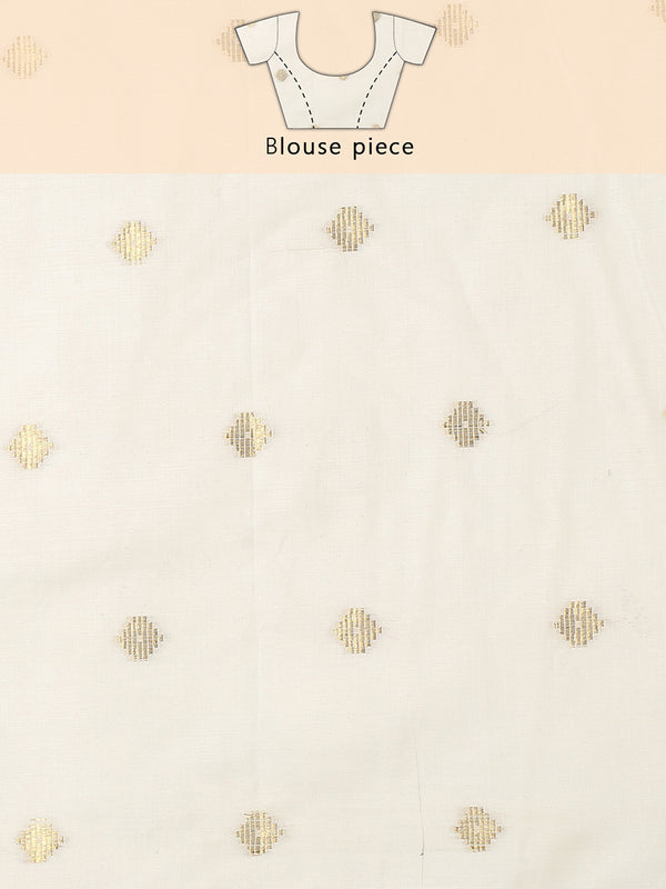 Off-White Borderless Cotton Saree with Golden Buttas & Olive Green Tassels