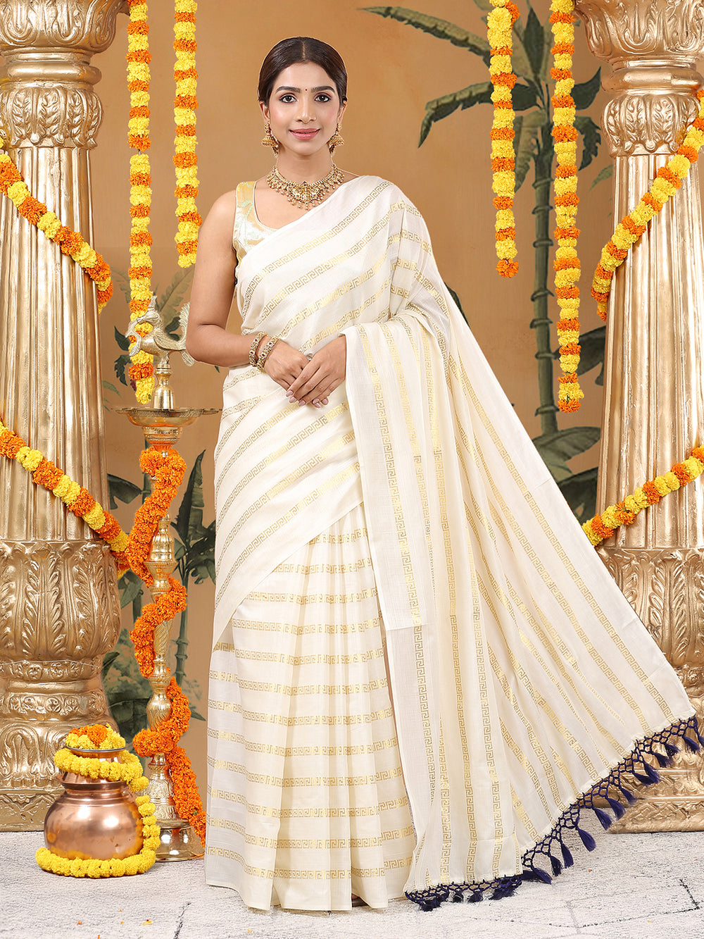 Minimalist Off-White Cotton Borderless Set Saree with Greek Key Stripes and Navy Blue Tassels