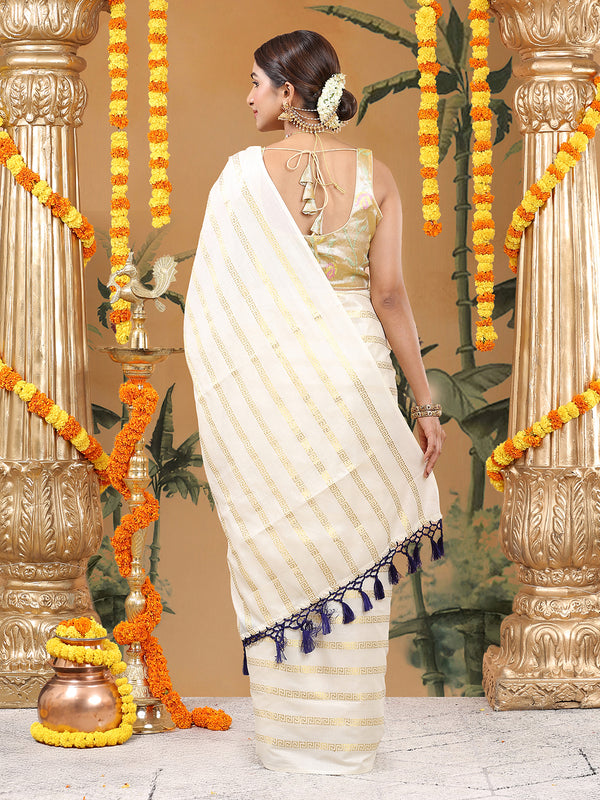 Minimalist Off-White Cotton Borderless Set Saree with Greek Key Stripes and Navy Blue Tassels