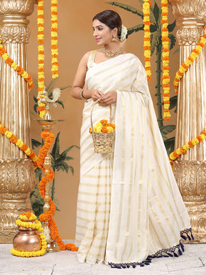 Minimalist Off-White Cotton Borderless Set Saree with Greek Key Stripes and Navy Blue Tassels