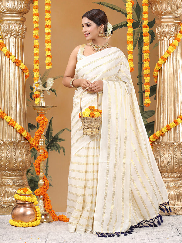 Minimalist Off-White Cotton Borderless Set Saree with Greek Key Stripes and Navy Blue Tassels