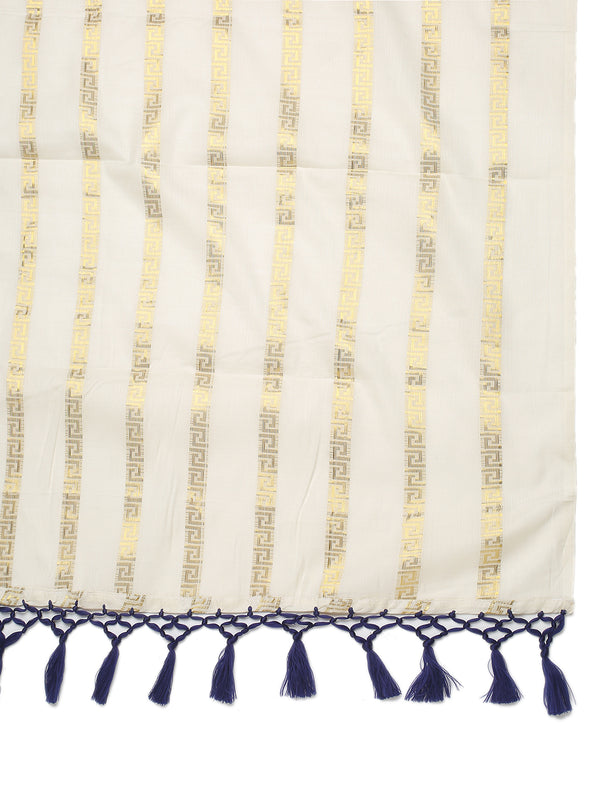 Minimalist Off-White Cotton Borderless Set Saree with Greek Key Stripes and Navy Blue Tassels
