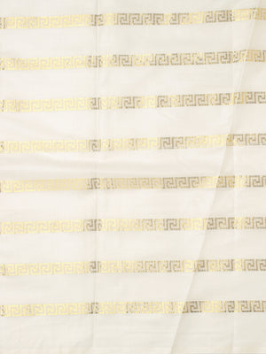 Minimalist Off-White Cotton Borderless Set Saree with Greek Key Stripes and Navy Blue Tassels