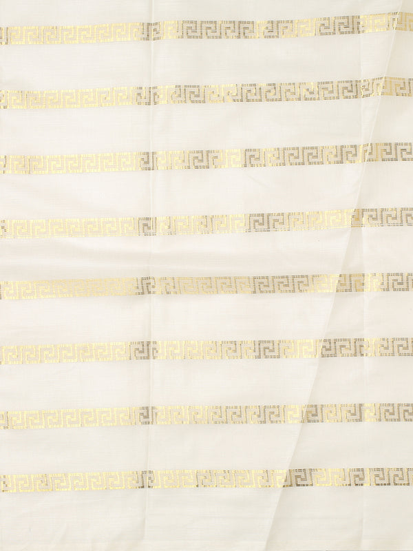 Minimalist Off-White Cotton Borderless Set Saree with Greek Key Stripes and Navy Blue Tassels