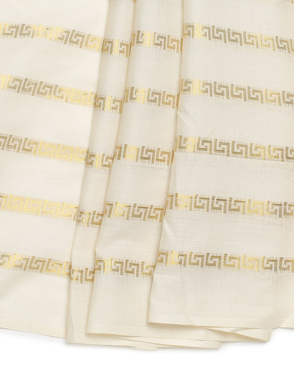 Minimalist Off-White Cotton Borderless Set Saree with Greek Key Stripes and Navy Blue Tassels