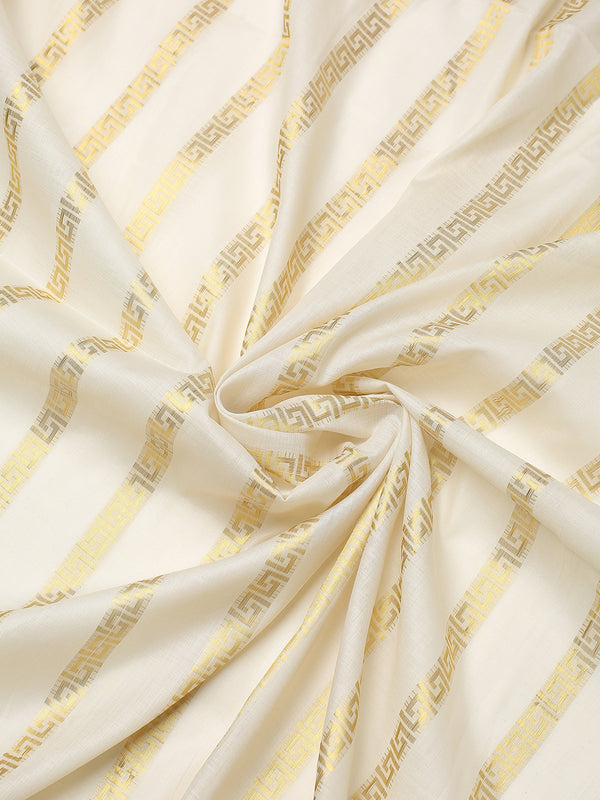 Minimalist Off-White Cotton Borderless Set Saree with Greek Key Stripes and Navy Blue Tassels