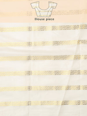Minimalist Off-White Cotton Borderless Set Saree with Greek Key Stripes and Navy Blue Tassels