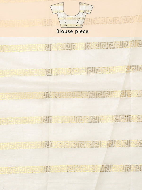 Minimalist Off-White Cotton Borderless Set Saree with Greek Key Stripes and Navy Blue Tassels
