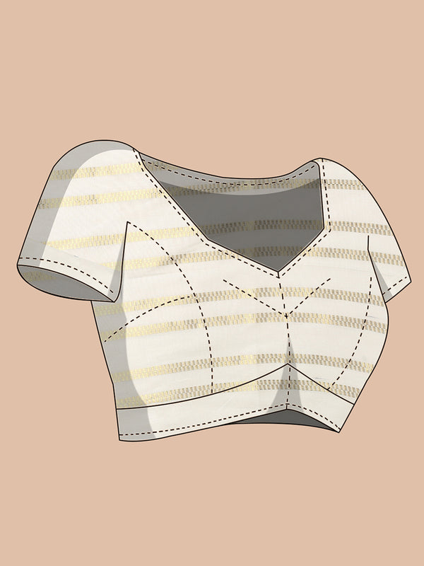 Off-White Cotton Borderless Set Saree with Golden Checkerboarder Stripes and Yellow Tassels