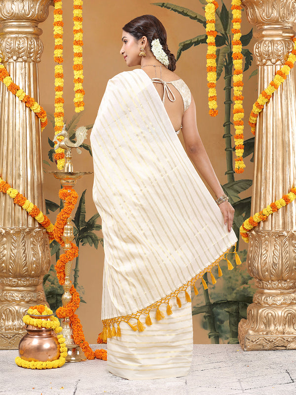 Off-White Cotton Borderless Set Saree with Golden Checkerboarder Stripes and Yellow Tassels
