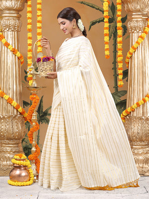 Off-White Cotton Borderless Set Saree with Golden Checkerboarder Stripes and Yellow Tassels