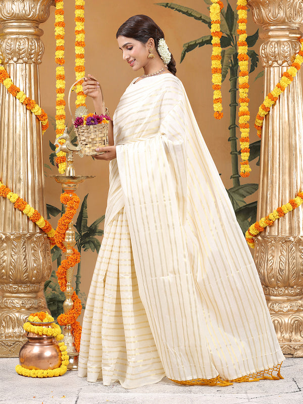 Off-White Cotton Borderless Set Saree with Golden Checkerboarder Stripes and Yellow Tassels