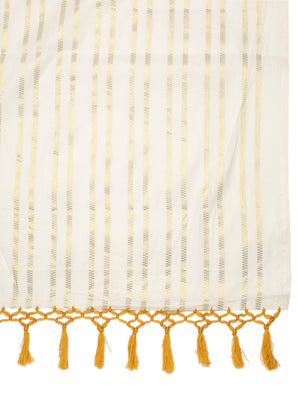 Off-White Cotton Borderless Set Saree with Golden Checkerboarder Stripes and Yellow Tassels
