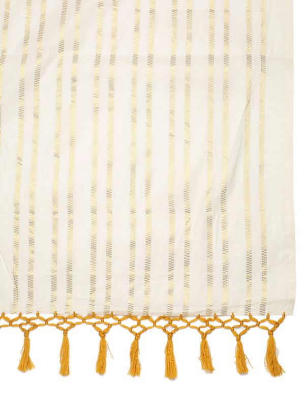 Off-White Cotton Borderless Set Saree with Golden Checkerboarder Stripes and Yellow Tassels