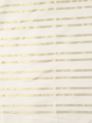 Off-White Cotton Borderless Set Saree with Golden Checkerboarder Stripes and Yellow Tassels