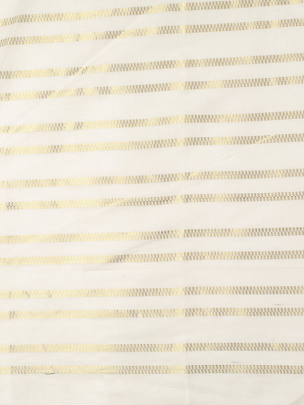 Off-White Cotton Borderless Set Saree with Golden Checkerboarder Stripes and Yellow Tassels