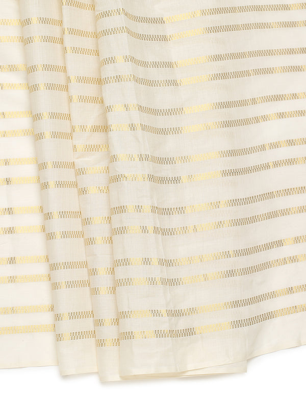Off-White Cotton Borderless Set Saree with Golden Checkerboarder Stripes and Yellow Tassels