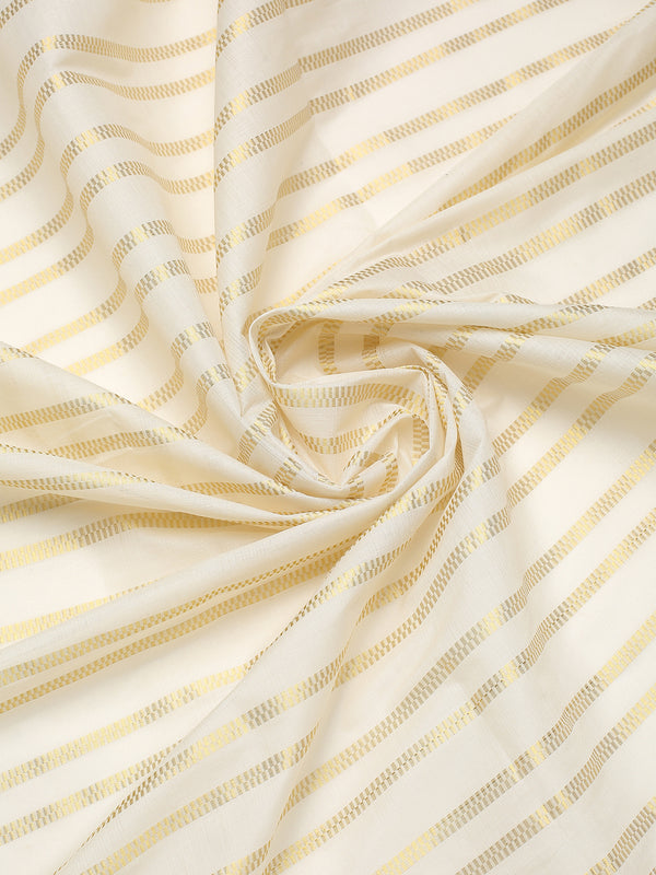 Off-White Cotton Borderless Set Saree with Golden Checkerboarder Stripes and Yellow Tassels