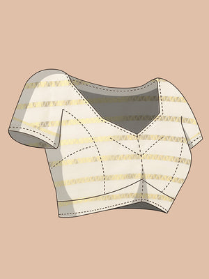 Off-White Cotton Borderless Set Saree with Golden Zigzag Stripes and Olive Green Tassels