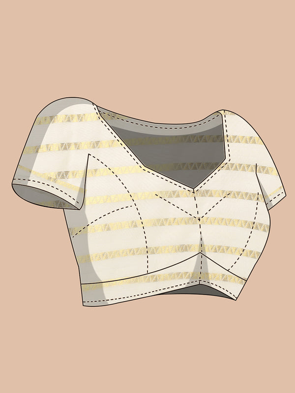 Off-White Cotton Borderless Set Saree with Golden Zigzag Stripes and Olive Green Tassels