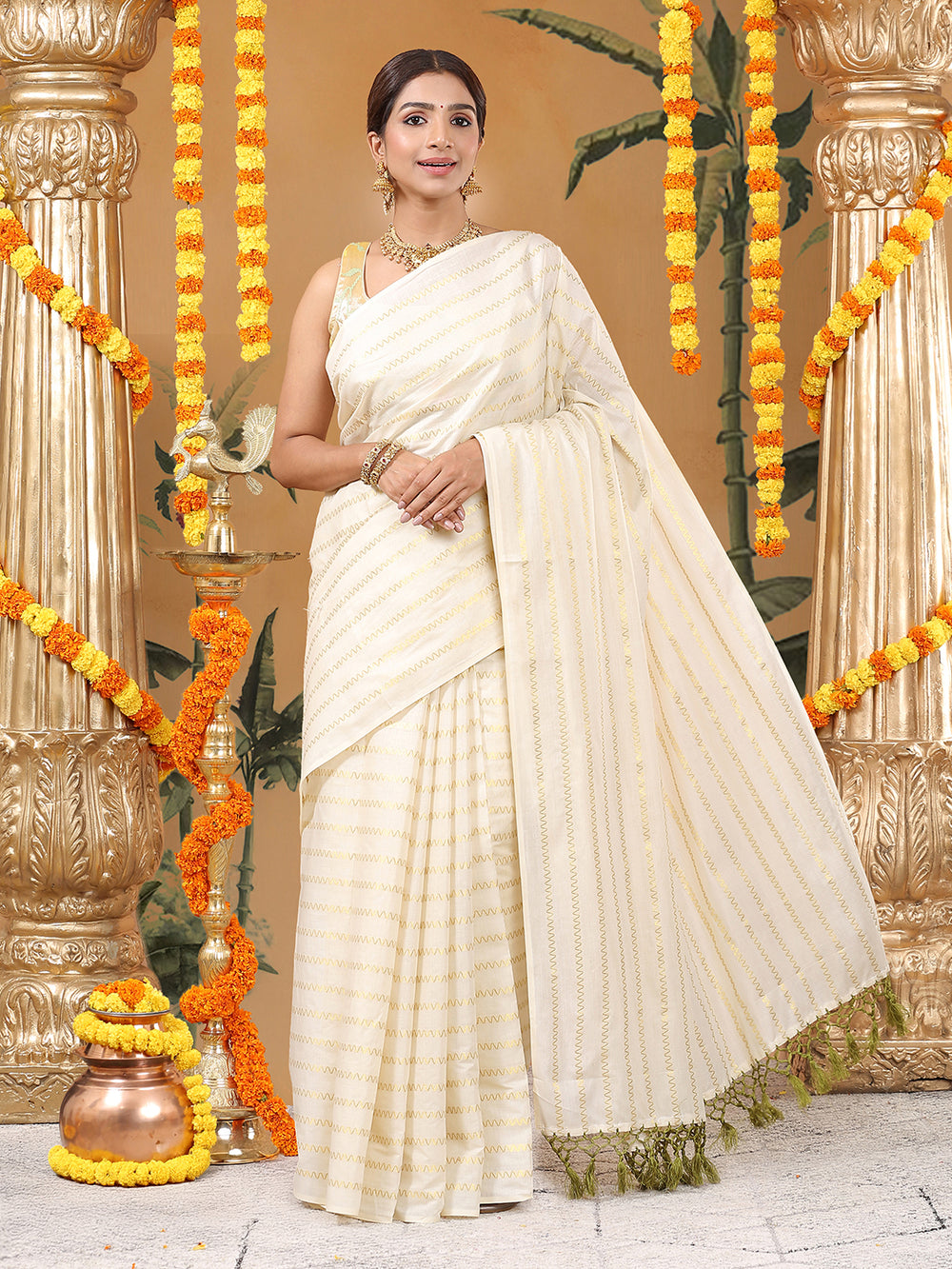 Off-White Cotton Borderless Set Saree with Golden Zigzag Stripes and Olive Green Tassels