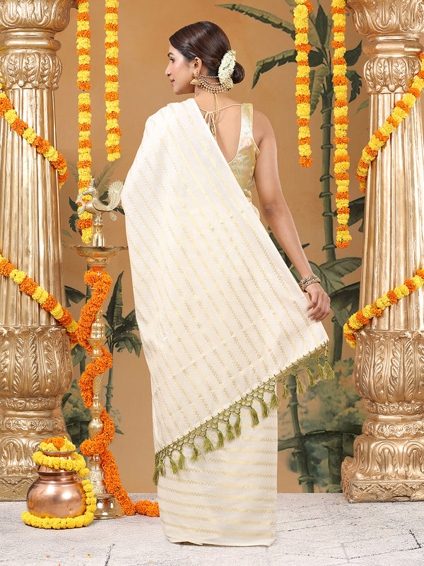 Off-White Cotton Borderless Set Saree with Golden Zigzag Stripes and Olive Green Tassels