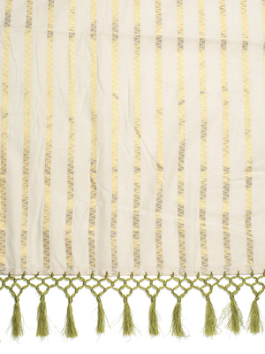 Off-White Cotton Borderless Set Saree with Golden Zigzag Stripes and Olive Green Tassels