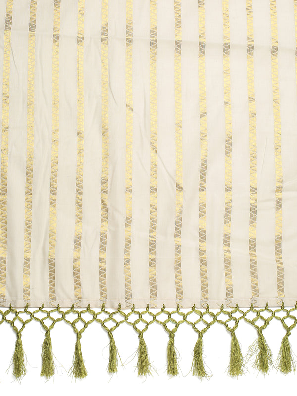 Off-White Cotton Borderless Set Saree with Golden Zigzag Stripes and Olive Green Tassels
