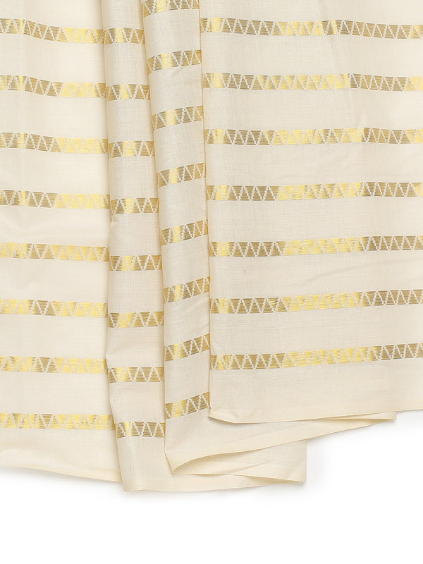 Off-White Cotton Borderless Set Saree with Golden Zigzag Stripes and Olive Green Tassels