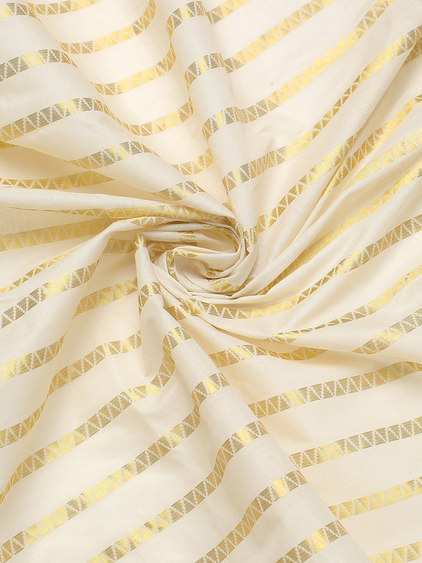 Off-White Cotton Borderless Set Saree with Golden Zigzag Stripes and Olive Green Tassels
