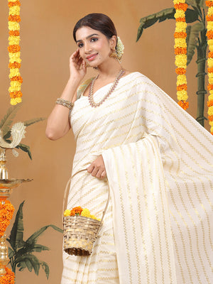 Off-White Cotton Borderless Set Saree with Golden Zigzag Stripes and Black Tassels
