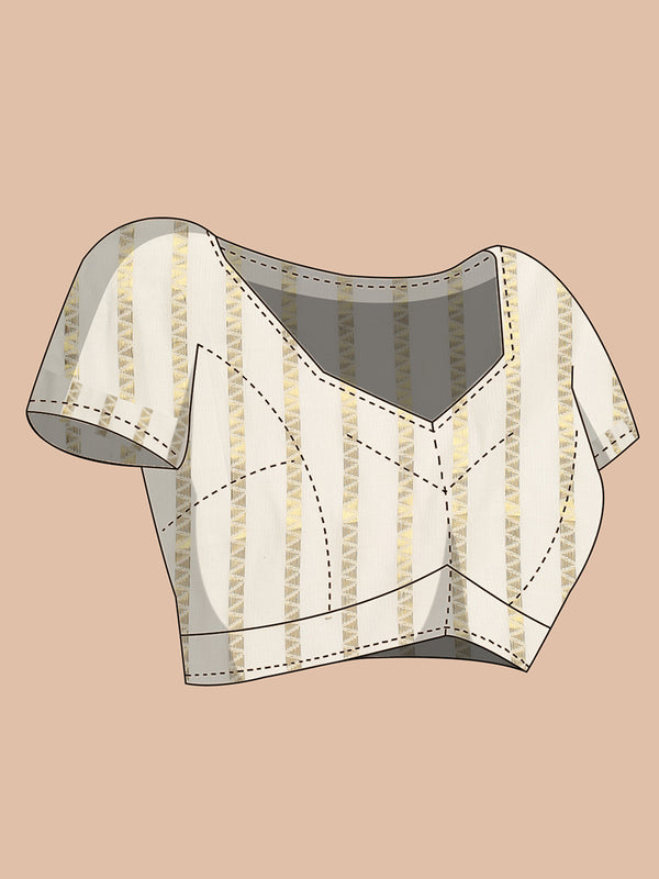 Off-White Cotton Borderless Set Saree with Golden Zigzag Stripes and Black Tassels