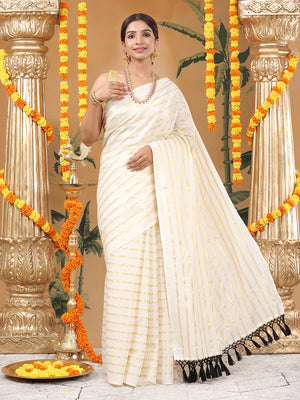 Off-White Cotton Borderless Set Saree with Golden Zigzag Stripes and Black Tassels