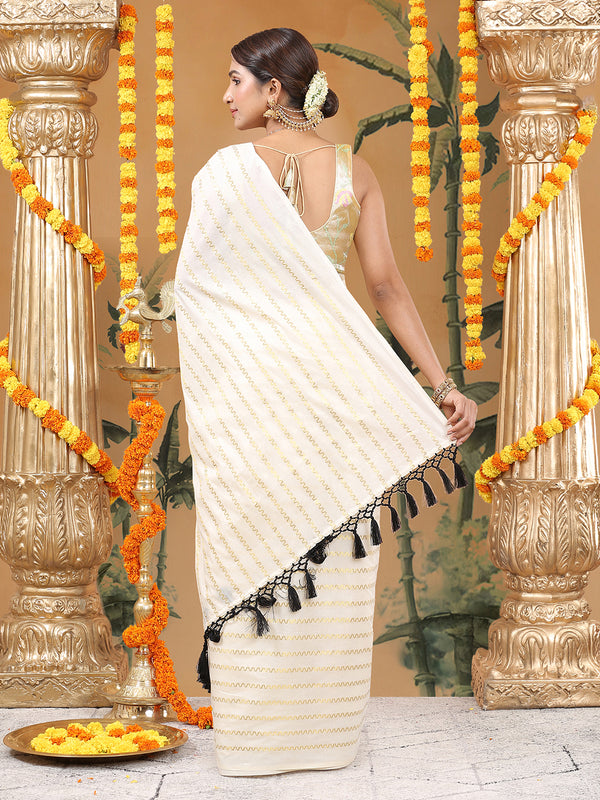 Off-White Cotton Borderless Set Saree with Golden Zigzag Stripes and Black Tassels