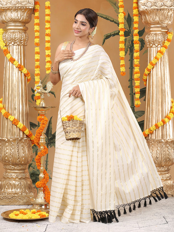 Off-White Cotton Borderless Set Saree with Golden Zigzag Stripes and Black Tassels