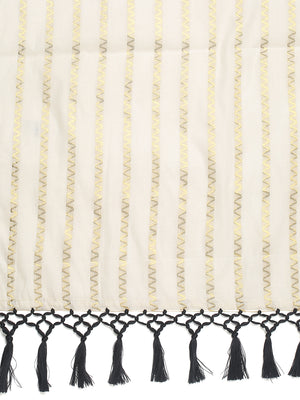 Off-White Cotton Borderless Set Saree with Golden Zigzag Stripes and Black Tassels