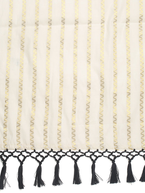 Off-White Cotton Borderless Set Saree with Golden Zigzag Stripes and Black Tassels