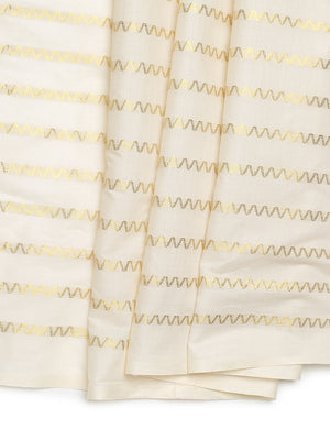 Off-White Cotton Borderless Set Saree with Golden Zigzag Stripes and Black Tassels