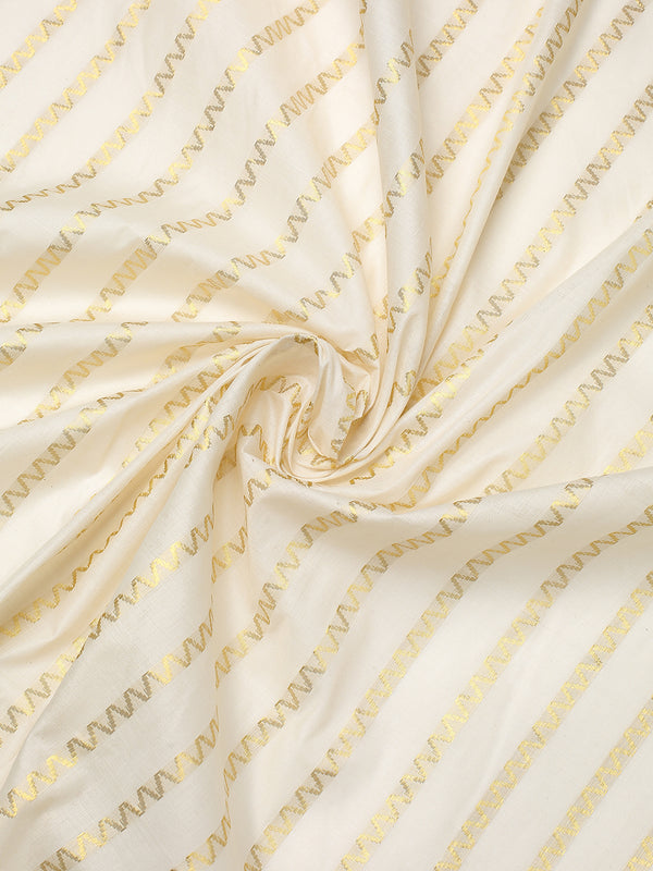 Off-White Cotton Borderless Set Saree with Golden Zigzag Stripes and Black Tassels