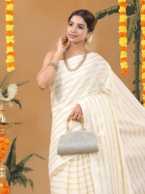 Off-White Cotton Borderless Set Saree with Zig-Zag Gold Stripes and Brown Tassels