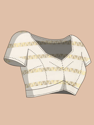 Off-White Cotton Borderless Set Saree with Zig-Zag Gold Stripes and Brown Tassels