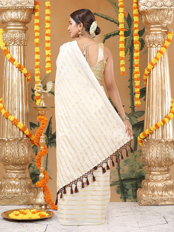 Off-White Cotton Borderless Set Saree with Zig-Zag Gold Stripes and Brown Tassels
