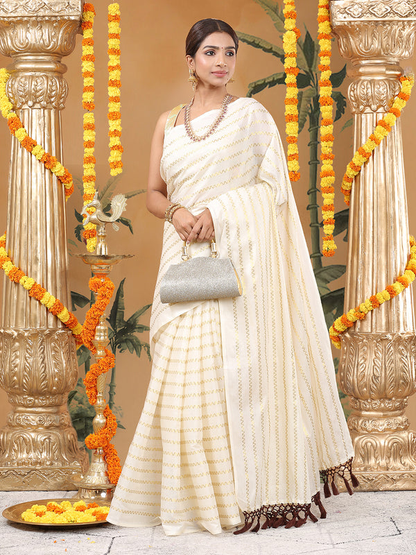 Off-White Cotton Borderless Set Saree with Zig-Zag Gold Stripes and Brown Tassels